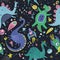 Dinosaurs in space hand drawn color vector seamless pattern