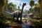 Dinosaurs in the Triassic period age in the green grass land and blue sky background, Habitat of dinosaur, history of world