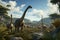Dinosaurs in the Triassic period age in the green grass land and blue sky background, Habitat of dinosaur, history of world
