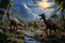 Dinosaurs in the Triassic period age in the green grass land and blue sky background, Habitat of dinosaur, history of world