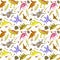 Dinosaurs wallpaper. Seamless pattern on white. Watercolor illustration. For background, cover, textile, packaging.