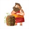 Dionysus, ancient Greek god of wine. Ancient Greece mythology. Fat man with a barrel of wine. Flat vector illustration