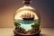diorama featuring ship model inside bottle surrounded by miniature skyline, sea and sky