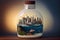 diorama featuring ship model inside bottle surrounded by miniature skyline, sea and sky