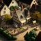 A diorama of a village neighbourhood. Close-up of a house with its backyard with trees and utility buildings. Created with