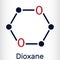 Dioxane 1,4-Dioxane molecule. It is used primarily as a solvent in the manufacture of chemicals. Skeletal chemical formula