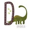 Diplodocus.Letter D with reptile name.Hand drawn cute herbivores dinosaur.Educational prehistoric illustration.Dino alphabet.