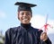 Diploma, education and black woman graduate in portrait, university success and graduation achievement. Student in