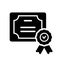 Diploma Silhouette Icon. Certificate with License Badge Black Icon. Winner Medal Outline Pictogram. Award, Grant