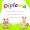 Diploma template for kids.The cartoon a Hare artist with paints and a ginger cat.