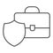 Diplomat and shield thin line icon. Client lawyer portfolio, briefcase of rights defender. Jurisprudence design concept