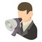 Diplomat speech icon isometric vector. Male diplomat character with loudspeaker