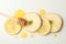 Dipper, honey, apple and lemon slices on white background