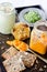 Dips and spread with seeded bread as a snack