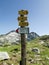 Direction indicator arrow on mountain pass in Pirin, Bulgaria