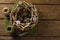 Directly above shot of artificial nest with decoration and thread spools