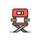 Director chair, casting, film direction, movie producing flat color line icon.