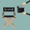 Director chair in flat design with movie clapperboard. Vector.