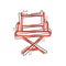 Director chair icon in comic style. Producer seat cartoon vector illustration on white isolated background. Movie splash effect