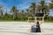 Director Chair, Movie Clapper and Megaphone on an Empty City Street with Palm Trees. 3d Rendering