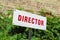 Director parking sign, red letters, reserved place, behind green natural background