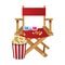 Directors chair with 3d glasses and pop corn bowl