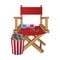 Directors chair with 3d glasses and pop corn bowl, colorful design