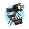 Directors chair, spotlight and movie clapper board in a blue circle. Vector illustration on a white background.