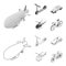 A dirigible, a children scooter, a taxi, a helicopter.Transport set collection icons in outline,monochrome style vector
