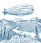 Dirigible or Zeppelin on the background of the meadow in vintage style. Balloon airship sketch. Country landscape for