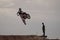 Dirt biker in the air performing a trick in the Extremadura Motocross Championship 2022