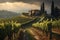 A dirt road creates a picturesque path through a lush and vibrant green vineyard, A peaceful scene of a lush vineyard in the heart