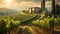 A dirt road creates a picturesque path through a lush and vibrant green vineyard, A peaceful scene of a lush vineyard in the heart