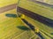 Dirt road cuts through green agricultural  fields at early autumn