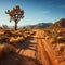 A dirt road in the desert with a tree and rock