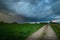 A dirt road through green fields and a huge rain cloud