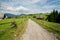 Dirt road in a green village under blue sky and white clouds