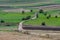 Dirt road leads the eye of the viewer trough empty agricultural field