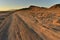 Dirt road in Mojave desert dawn landscape