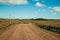 Dirt road passing through rural lowlands and ranch