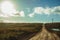 Dirt road in rural lowlands with sunlight