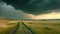 A dirt road stretches through a vast open field, with towering clouds covering the sky above, Oncoming storm over an open field