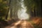 a dirt road surrounded by trees on a foggy day in the country side of the country side of the country side of the country side of