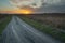 Dirt road, tall grasses and sunset, evening clouds