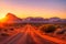 Dirt road to the mountain, sunrise desert view AI generated image