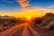 Dirt road to the mountain, sunrise desert view AI generated image