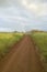 Dirt road to a rainbow through green grasslands of Lewa Wildlife Conservancy in North Kenya, Africa