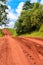 Dirt road track with bare earth red surface with visible vehicle tire tracks