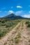 Dirt road trail through desert sagebrush toward small peak in th