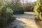 Dirt walking path with long stripes of shadows from trees and shrubbery